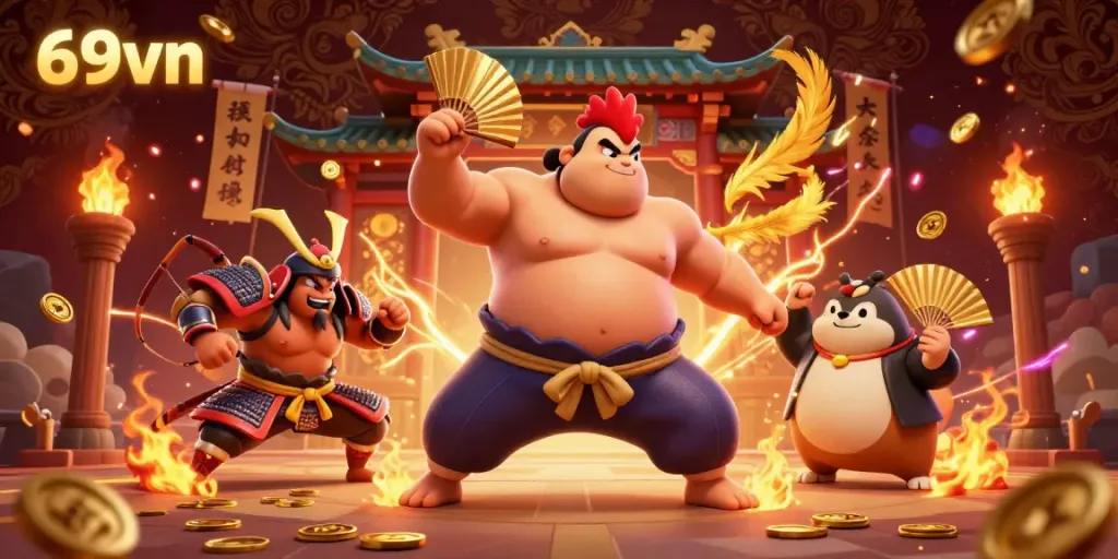 Engage in the exciting arena of 69vn with powerful characters in an energetic fight scene filled with vibrant elements.