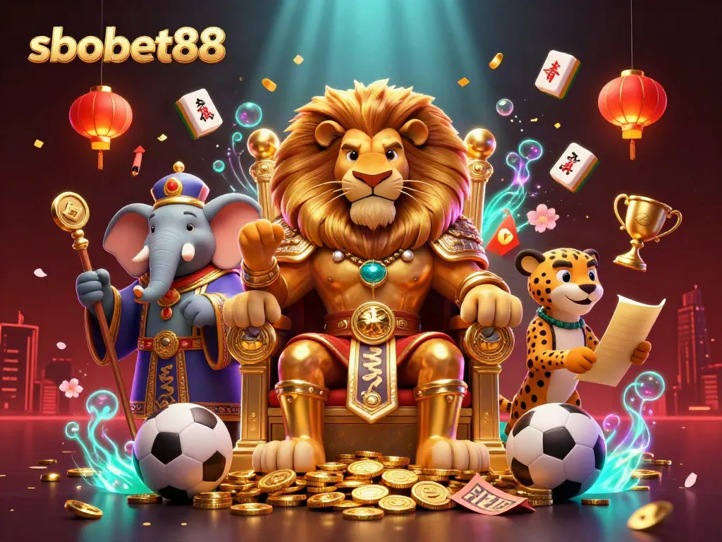 Experience thrilling sports action with sbobet88, featuring a lion king on a throne of gold coins.