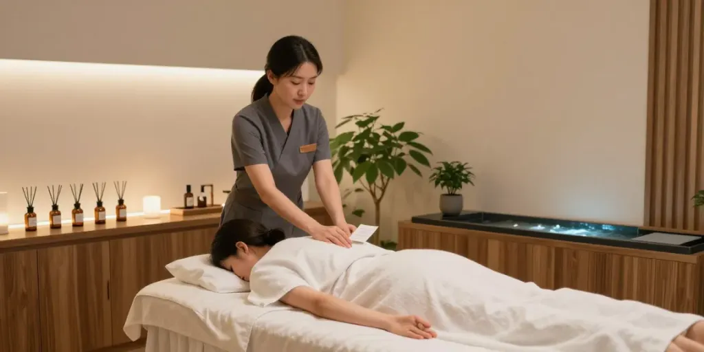 송파출장마사지 soothing spa experience with welcoming masseuse and tranquil atmosphere.