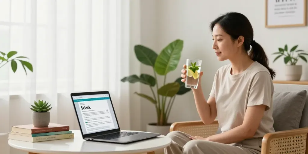 Relaxing home setting with a person exploring Selank peptide benefits.