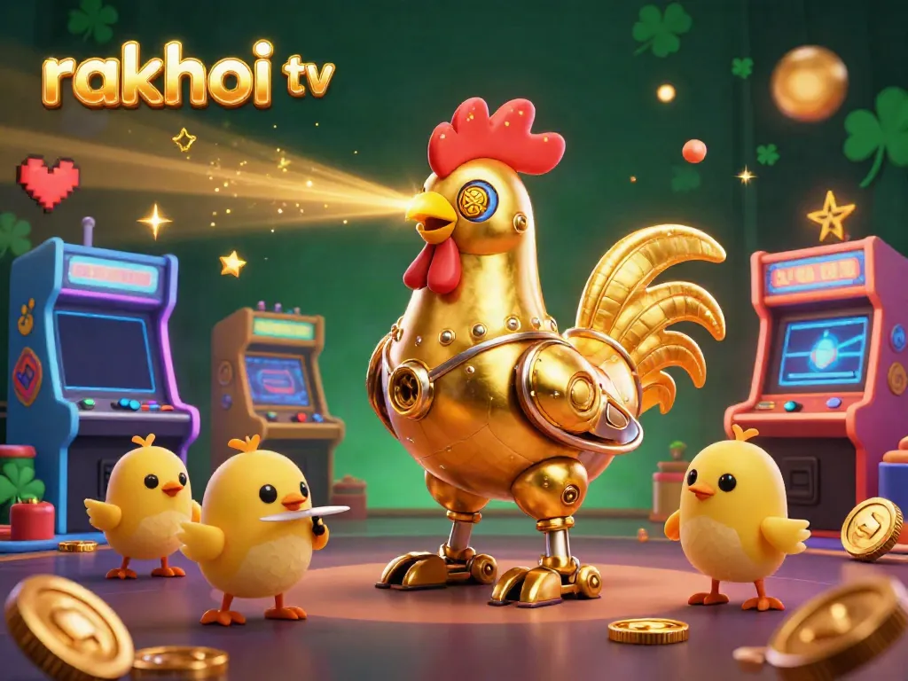 Experience thrilling gaming with rakhoi tv featuring a golden robotic rooster amid vibrant arcade machines.