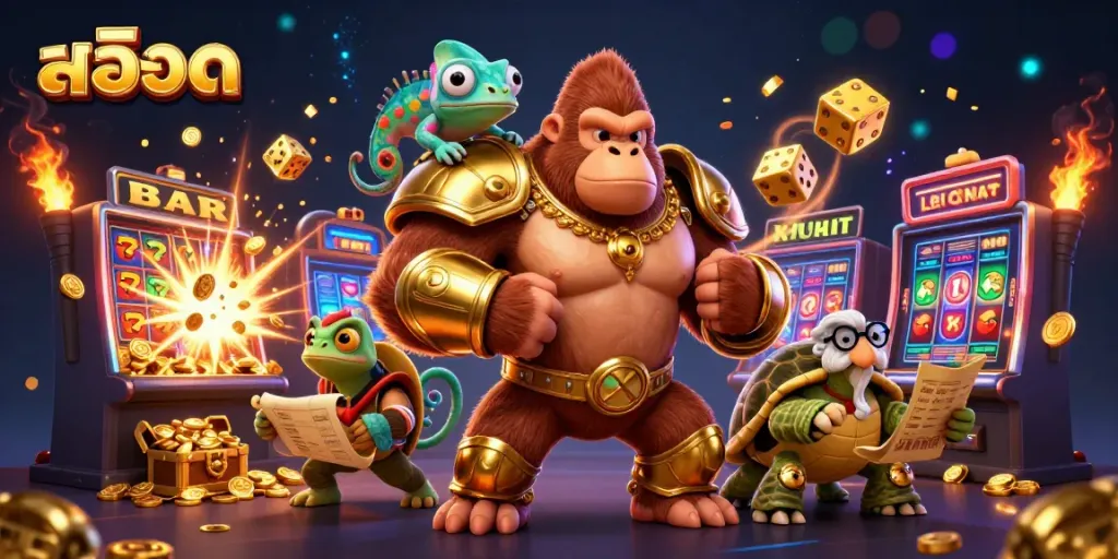 Experience thrilling สล็อต action with a dynamic scene of a mighty gorilla king and friends celebrating jackpots and gaming excitement.