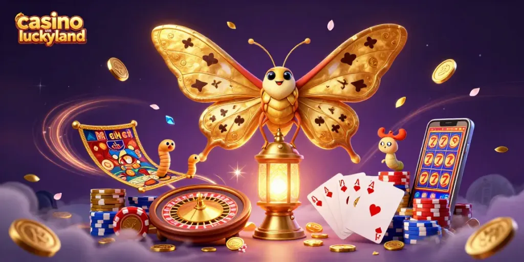 Experience casino like LuckyLand with dynamic gameplay featuring gold coins, spinning roulette, and colorful chips.