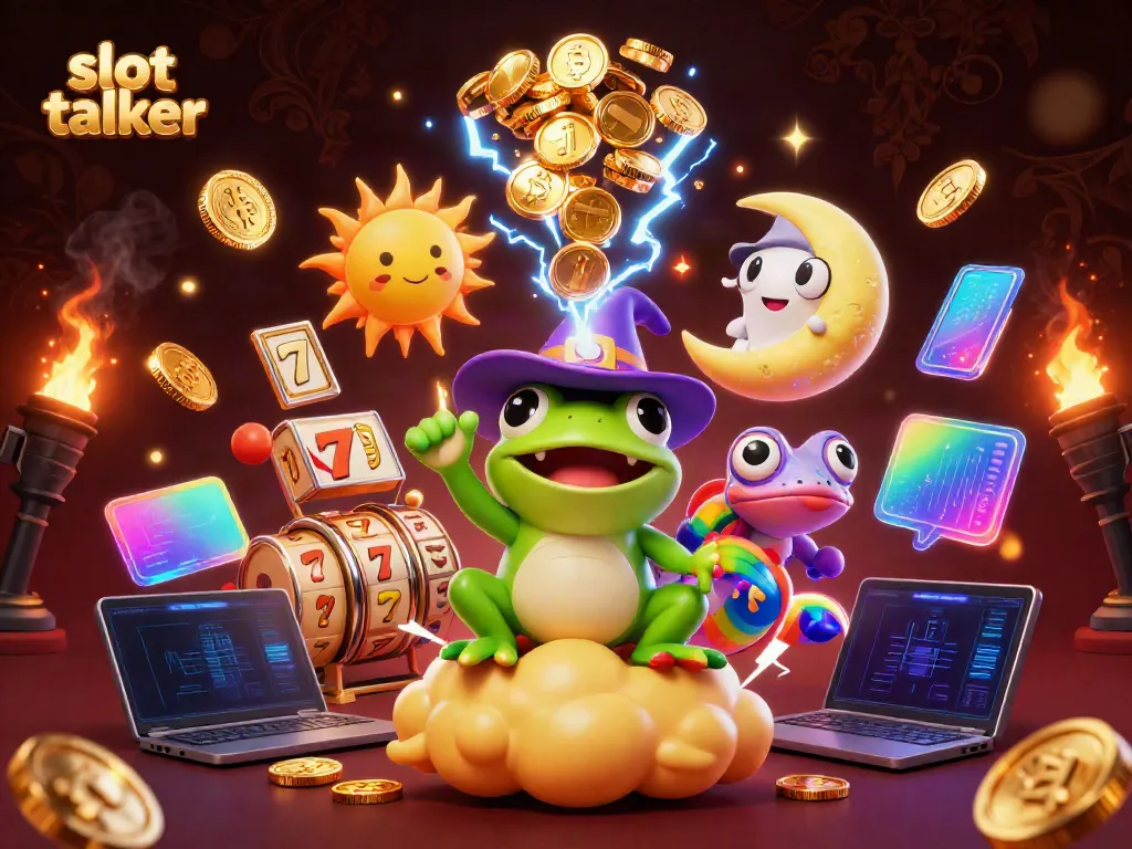 Engage the jackpot with slot talker’s festive 3D illustration featuring wizard frog and chameleon.