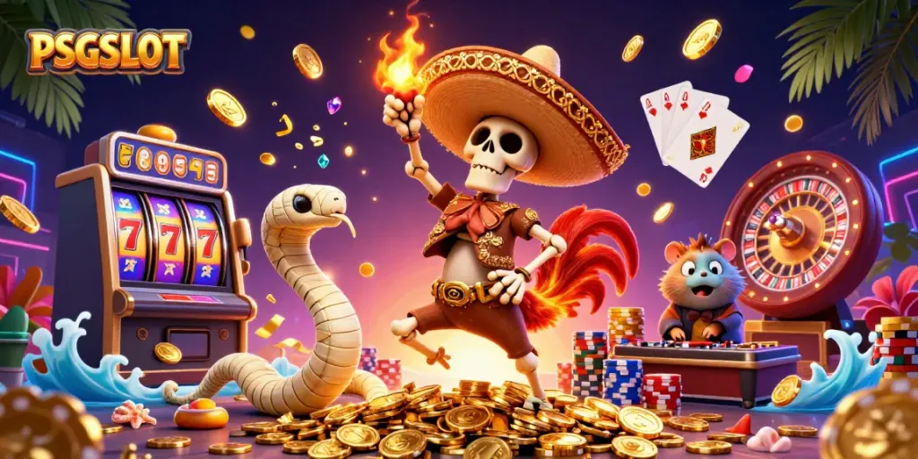 Spin to win with PSGSLOT as a lively mariachi rooster and friends celebrate on a gold coin pile.