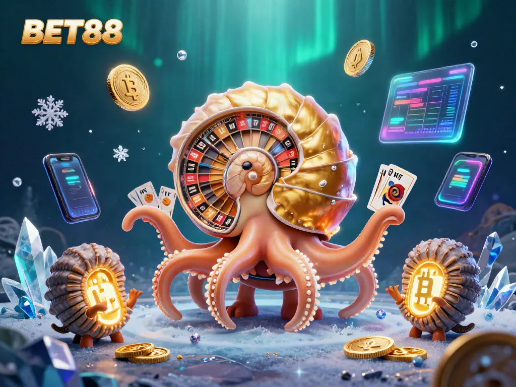 Khám phá không gian chơi game BET88 với các sinh vật biển và biểu tượng tiền điện tử quyến rũ.