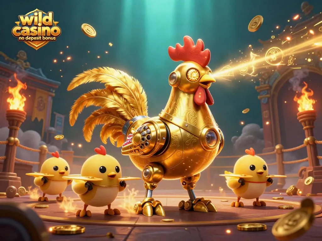 Experience the wild casino no deposit bonus with a 3D illustration featuring golden casino characters and dynamic gaming elements.