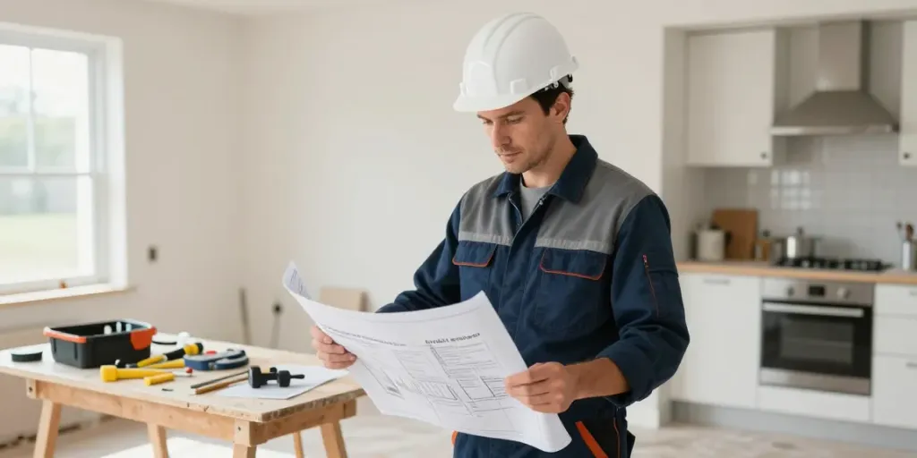 "wish4d - trusted local contractor reviewing blueprints at a home renovation site."