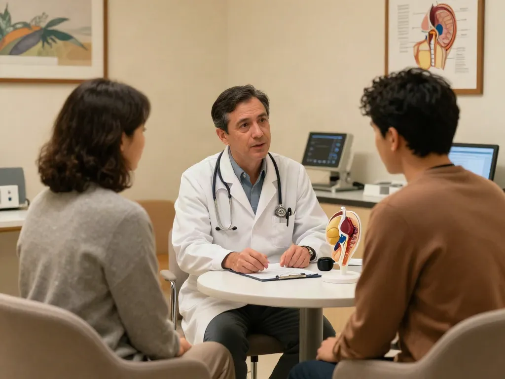 Compassionate consultation on prostate cancer treatment options in a modern medical facility.
