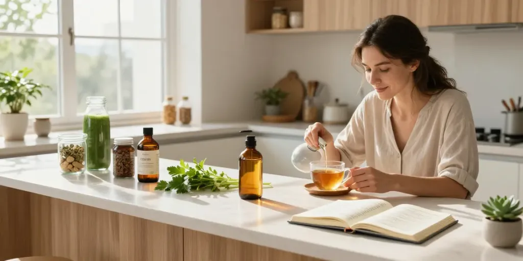 Discover cheap cigarettes online Australia with our natural wellness products, including CBD oil, in a serene kitchen setup.