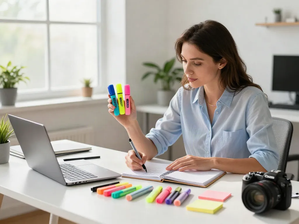 Highlighter pen supplier product showcase with a woman selecting colorful highlighters in a modern office.
