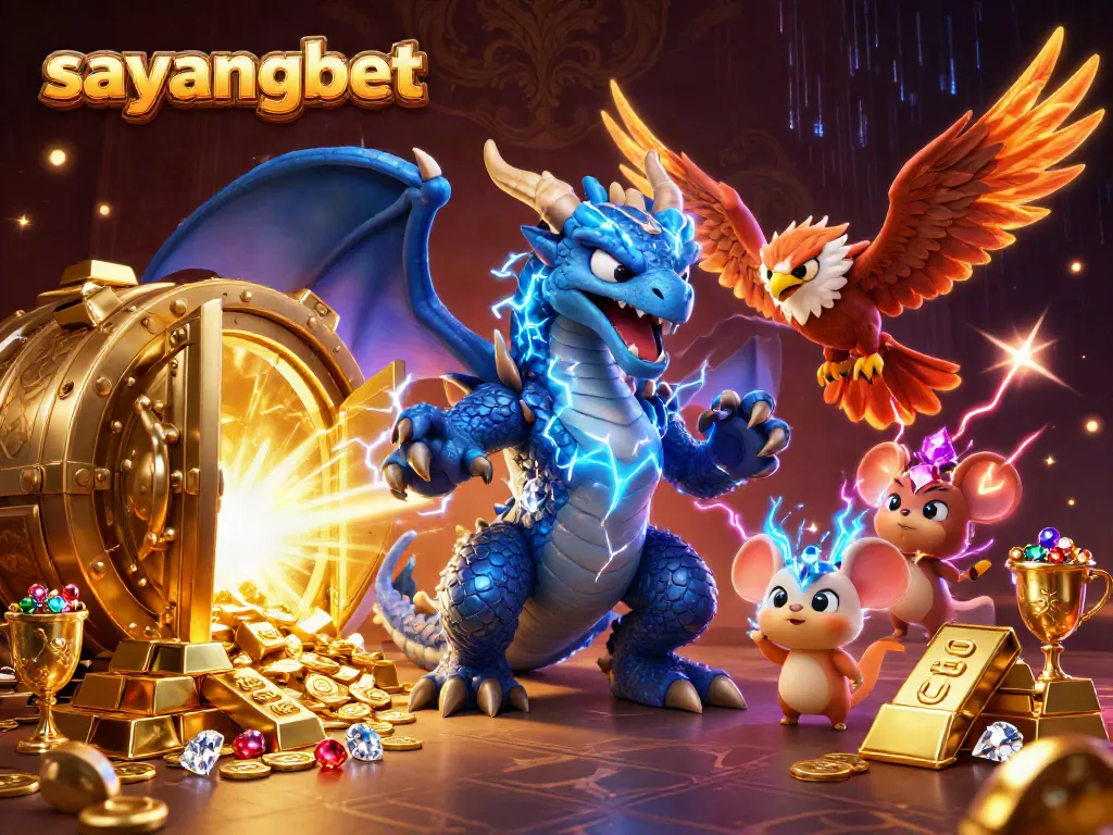 Experience thrilling wins at sayangbet with epic 3D characters surrounded by treasure.