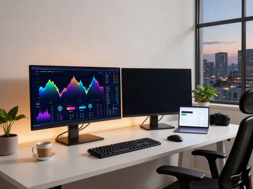 Free stock market API displayed on monitors in a modern crypto trading workspace with Bitcoin charts.