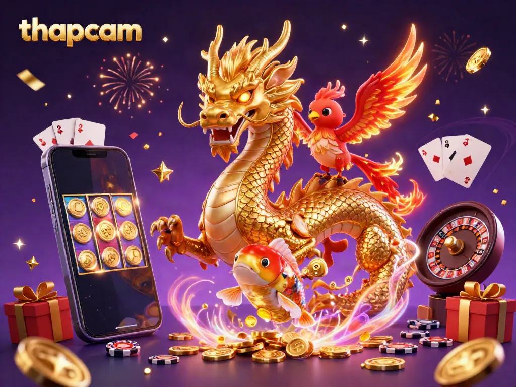 Experience thapcam's vibrant online betting with a fierce dragon, phoenix, and lucky koi amidst dynamic casino elements.