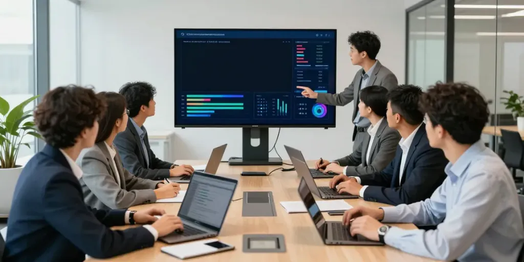Team collaborating on insurtech funding news analysis in a modern office.
