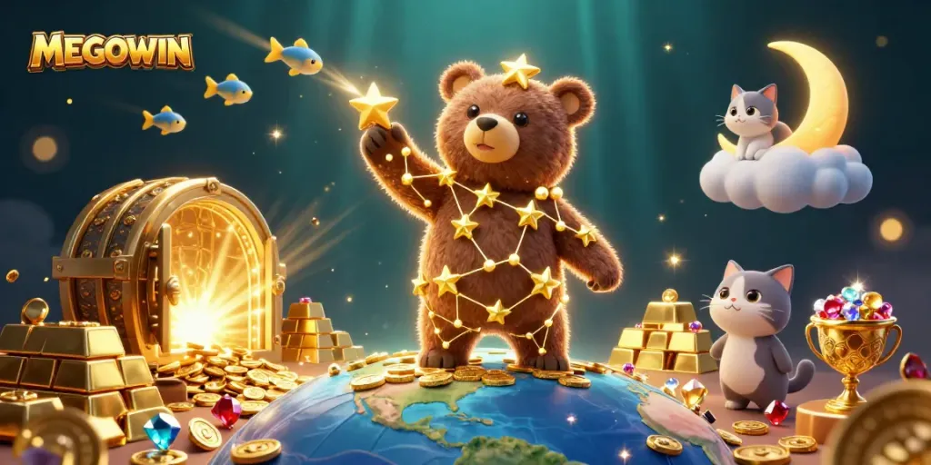 Menggandakan peluang kemenangan MEGAWIN di kasino dengan ilustrasi 3D menarik penuh elemen keberuntungan.