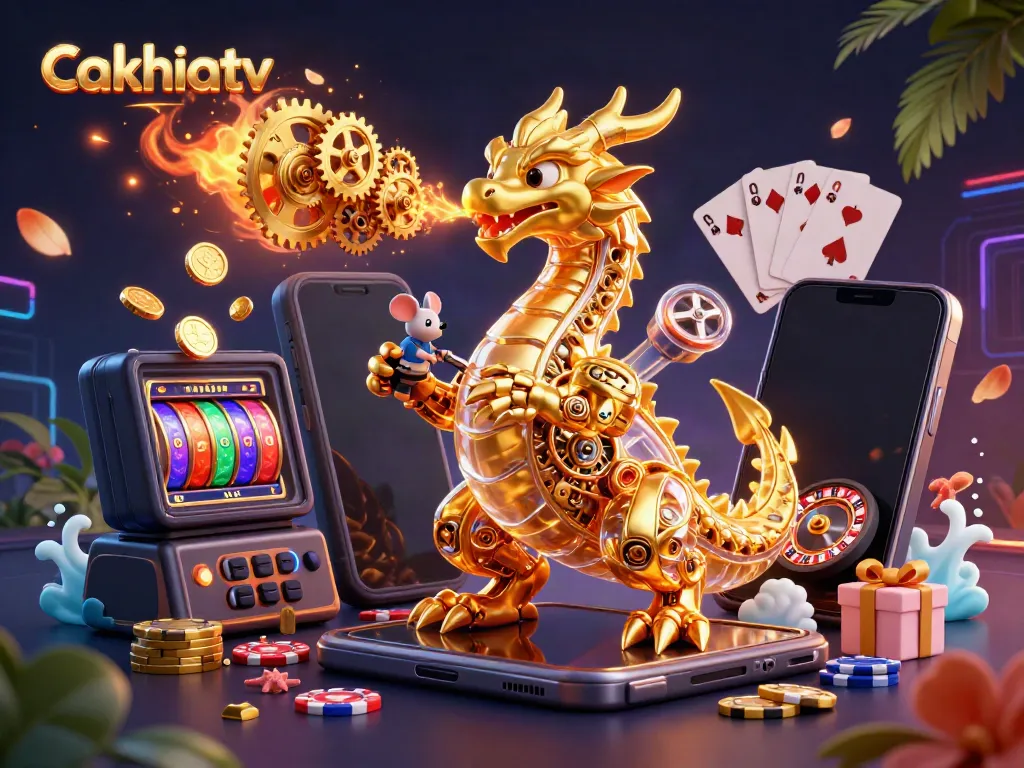 Cakhiatv features an engaging scene of a golden dragon and a mouse engineer amidst casino games and vibrant action.