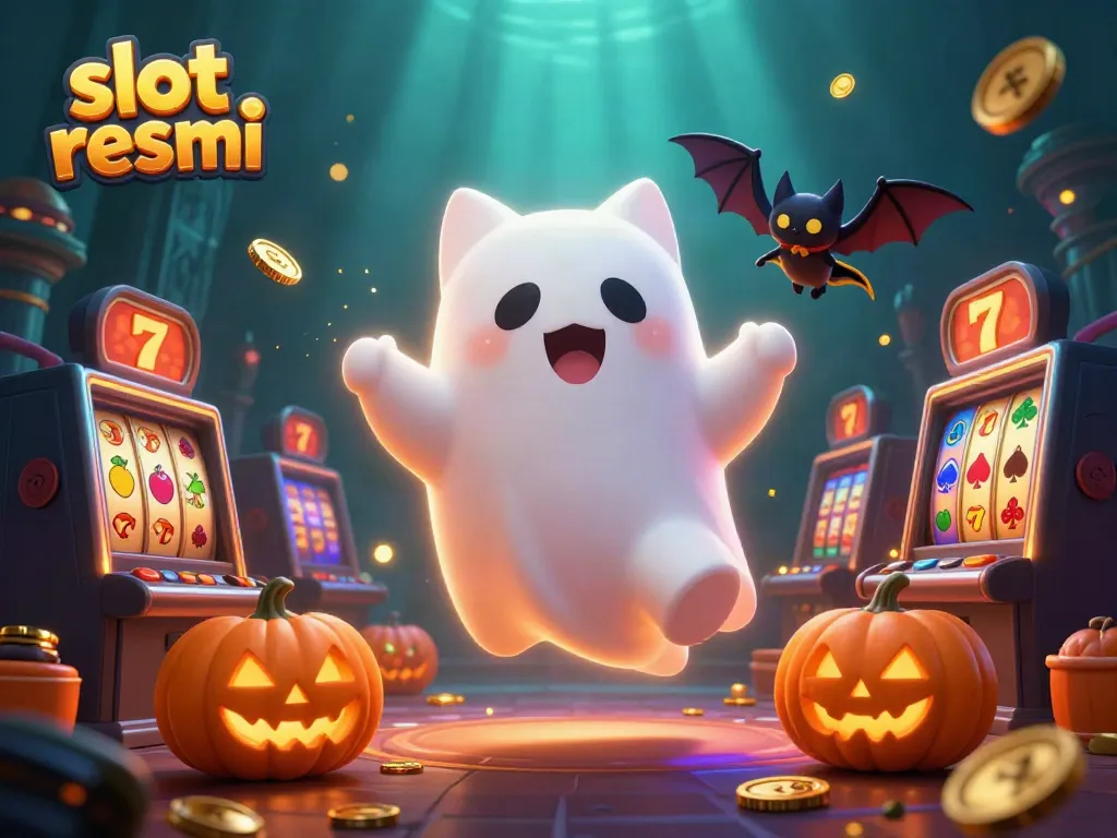 Engaging scene of slot resmi featuring a ghost cat and bat in a haunted casino.