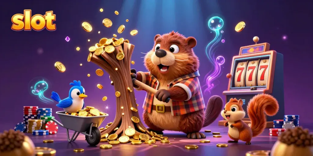 Engage in thrilling slot action with vibrant characters and sparkling treasures in a 3D casino scene.