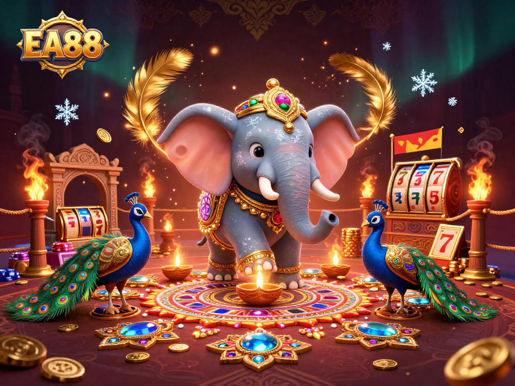Spin the reels with EA88 amidst a vibrant, luxurious casino-themed illustration featuring festive symbols.