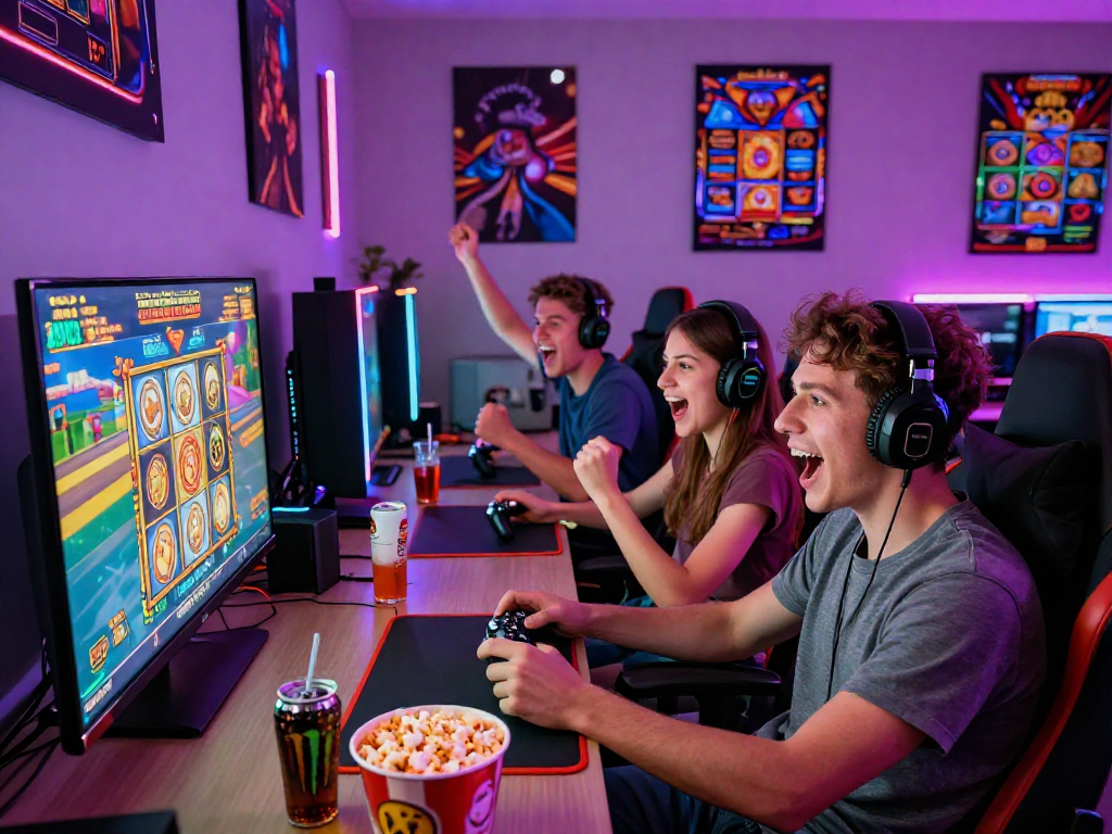 Exciting gaming night with friends playing slot qris on a large TV, snacks and gear around.