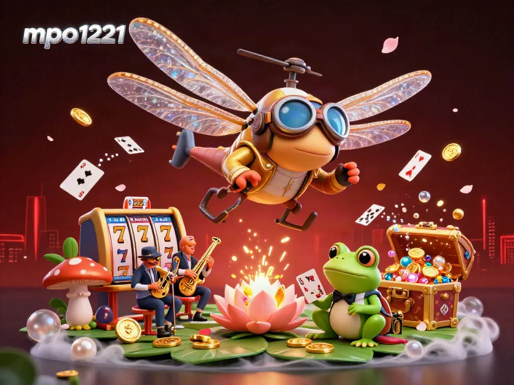 Engage with mpo1221 as a dragonfly pilot shows slot reels above a lily pad casino.