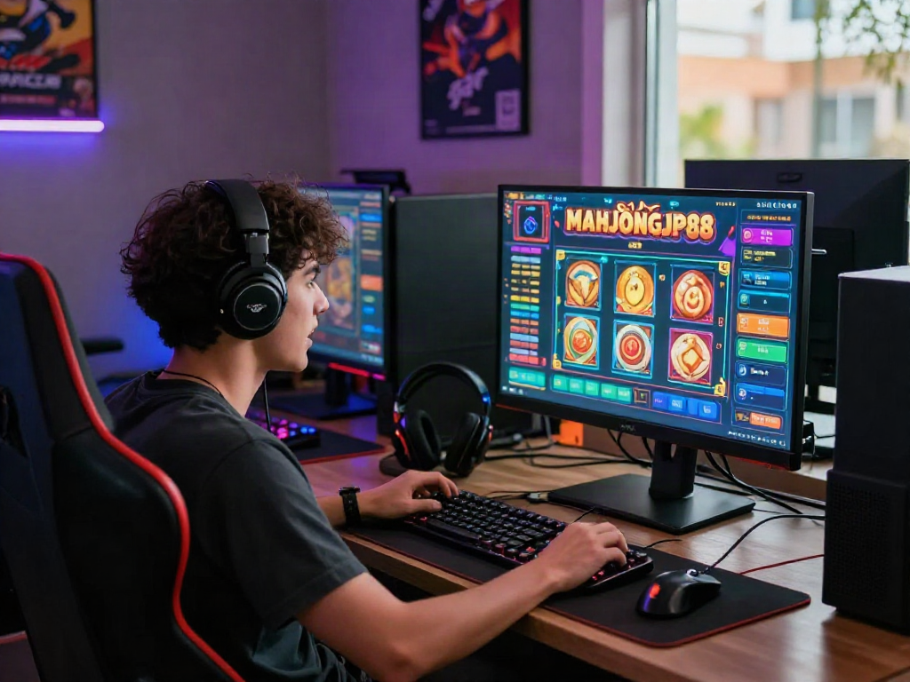 Immersive gaming scene with Slot MAHJONGJP88 interface and player in a vibrant setup.