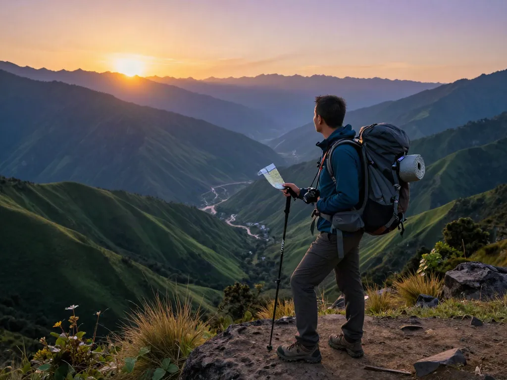Traveler enjoying the breathtaking views during Manaslu Circuit Trek at sunset.