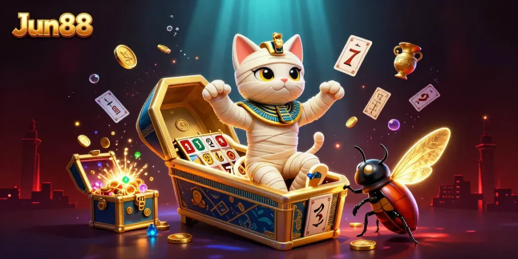 Experience the thrill of Jun88 with a vibrant 3D casino scene featuring historical elements and winning symbols.