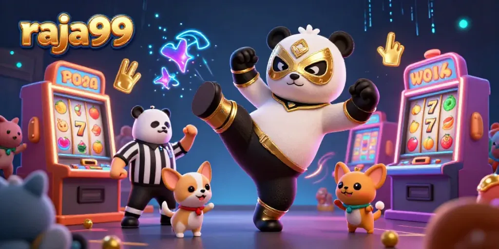 Engage with raja99's electrifying gaming experience featuring vibrant slot machines and animated characters.
