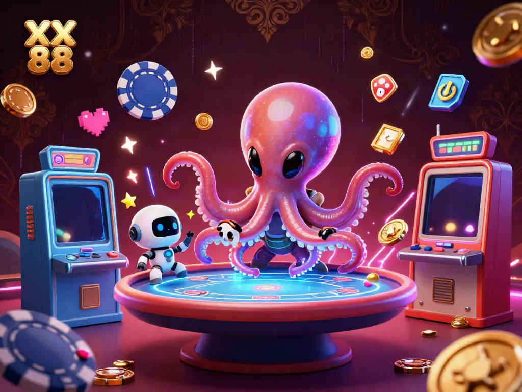 Engage with the vibrant world of XX 88, showcasing a cartoon alien octopus at a holographic poker table surrounded by dynamic casino elements.