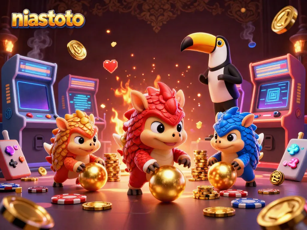 Experience thrilling gaming moments with niastoto: cartoon pangolins bowling golden balls amidst poker chips.