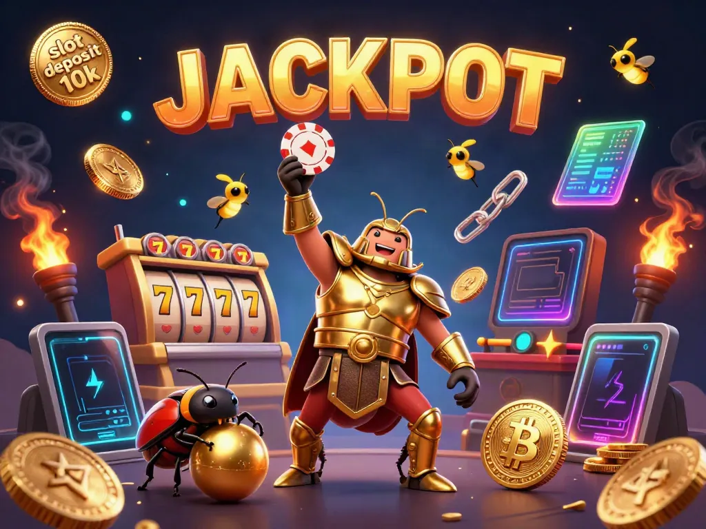 Jackpot celebration scene featuring slot deposit 10k with cartoon beetles, vibrant slot elements, and glowing coins