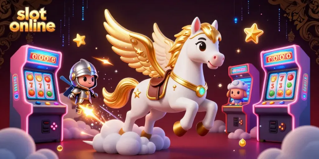 Spin the reels on slot online, featuring vibrant characters and arcade game elements in a dynamic casino scene.