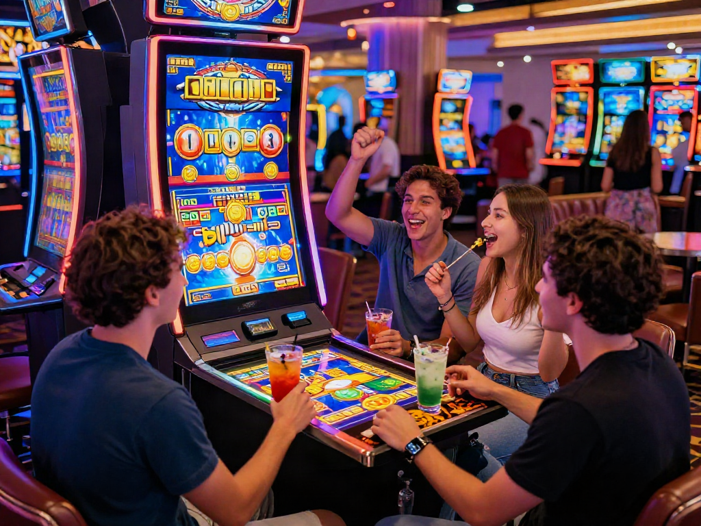 Friends celebrating a win at a bandar slot machine in a lively casino.