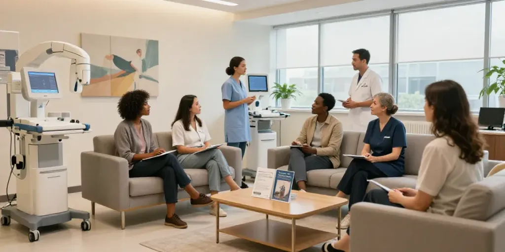 Wartezimmer im Diagnostikzentrum mit Patienten und Informationen zur röntgenreizbestrahlung in der Nähe.