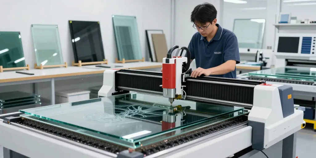 Glass cutting machine supplier demonstrating precision in a modern workshop.