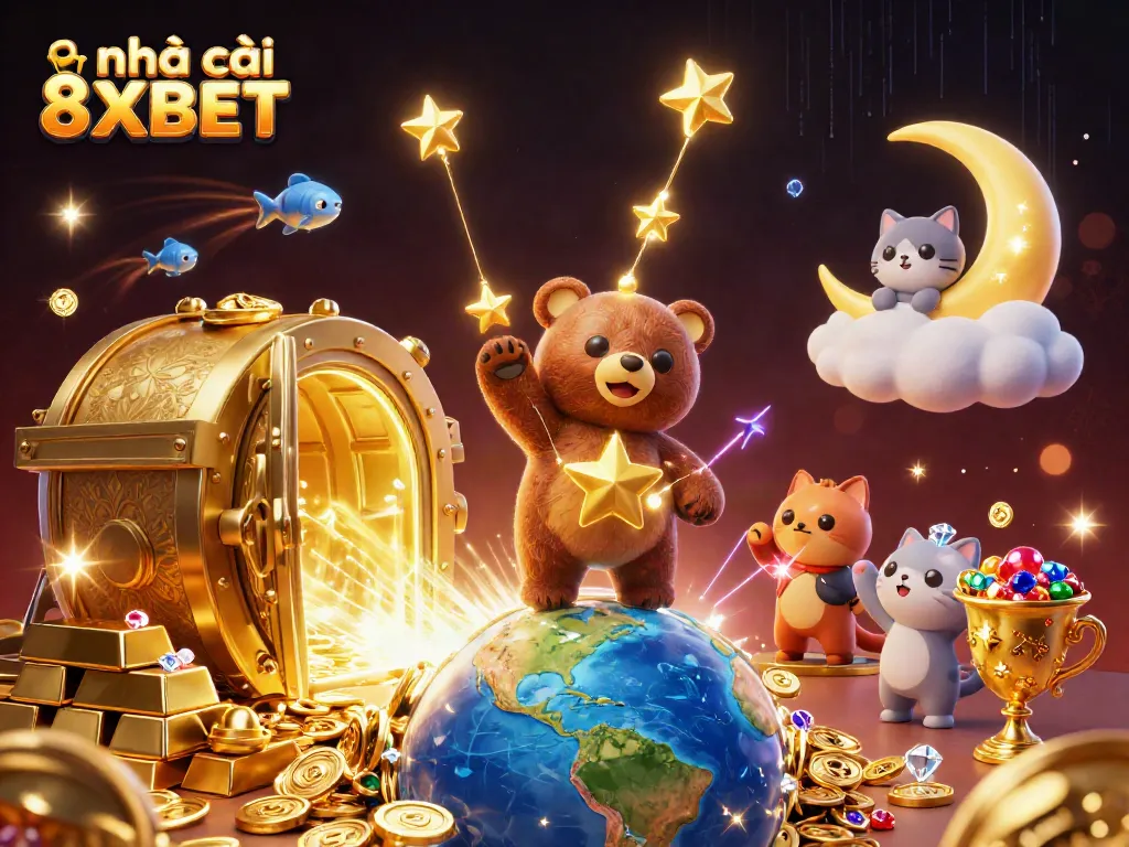 Experience the excitement of nhà cái 8XBET with a magical 3D casino scene filled with treasures.
