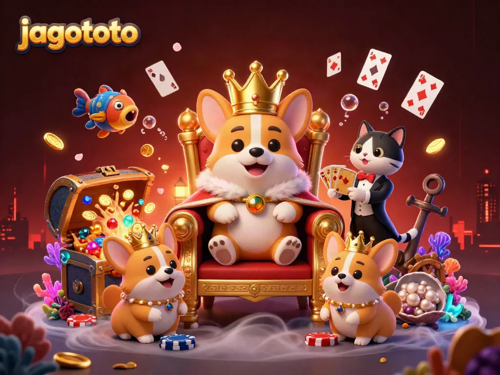 Gambaran perjudian yang mengasyikkan di jagototo dengan corgi kerajaan dan elemen permainan yang kaya.