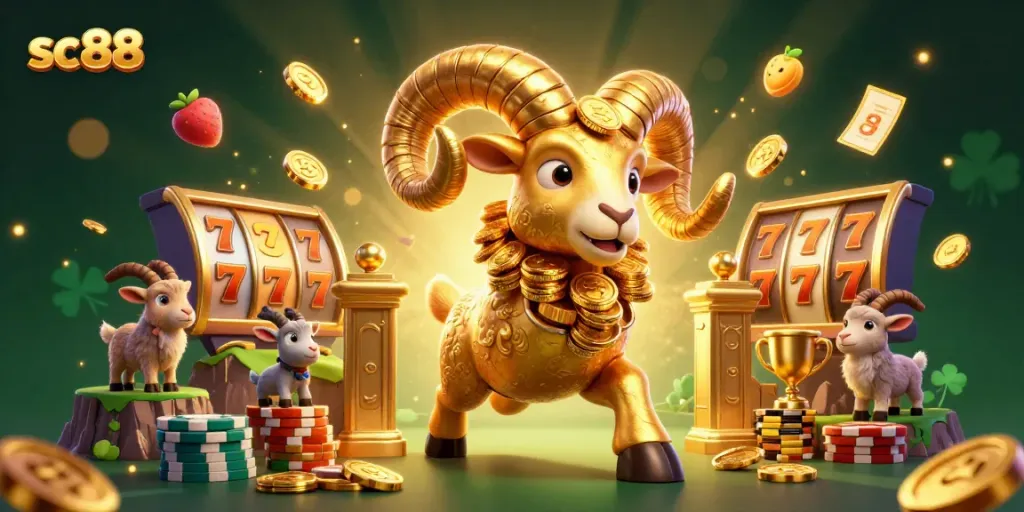 Experience the thrill of sc 88 with a 3D golden ram charging through a vibrant casino world filled with slots.