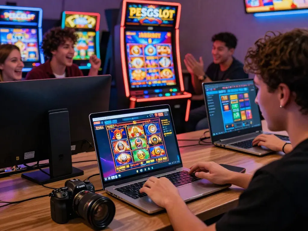 PESGSLOT user enjoying online slot games in a vibrant gaming setup.