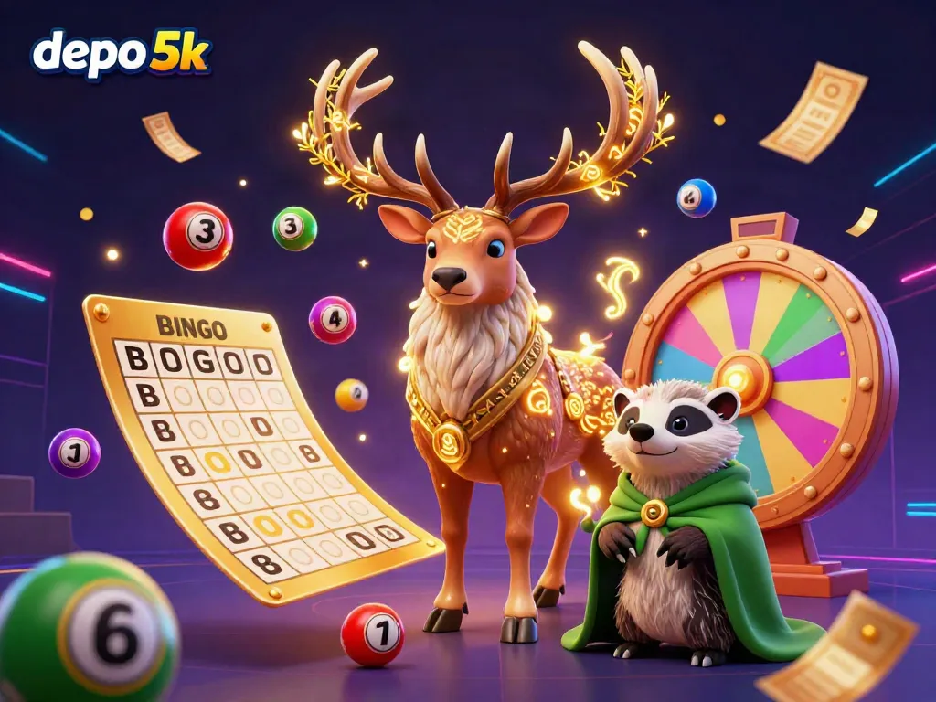 Experience the thrilling world of depo 5k with a vibrant scene of a Celtic stag and badger amidst lottery balls and prizes.