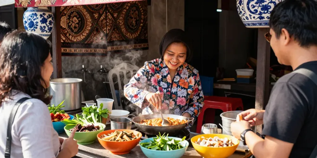 Nyonya4D cooking scene with a smiling Nyonya cook preparing traditional laksa at a vibrant food stall.