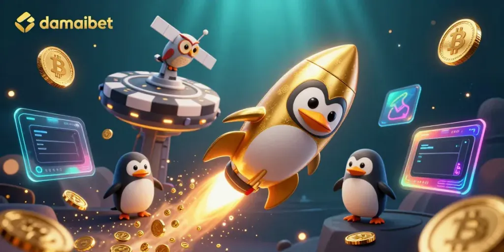 Experience the thrill of damaibet with a playful golden penguin amidst vibrant casino elements.
