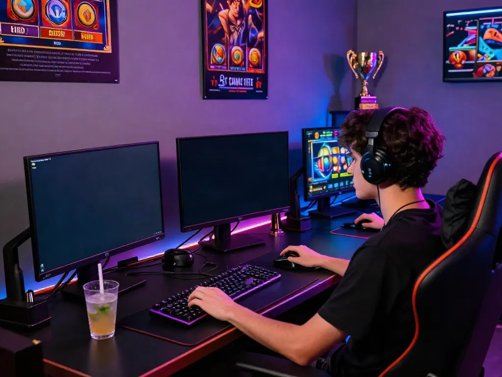 Exciting slot gaming setup with multiple screens showing vibrant games and engaging atmosphere.