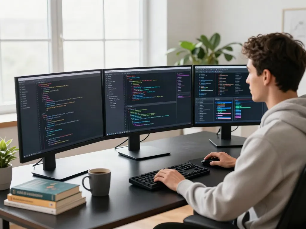 Brave developer coding in a modern workspace with multiple screens and plants.