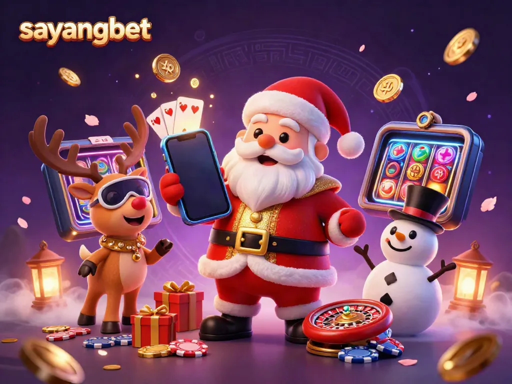 Experience the thrill at sayangbet with Santa and friends enjoying jackpot slots in a vibrant casino scene.