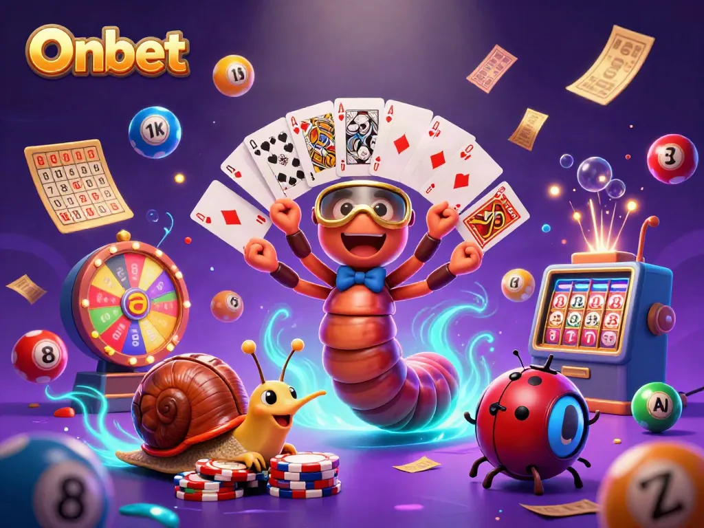 Onbet showcases a lively casino scene with a millipede dealer, snail high-roller, and pill bug amidst colorful lottery elements.