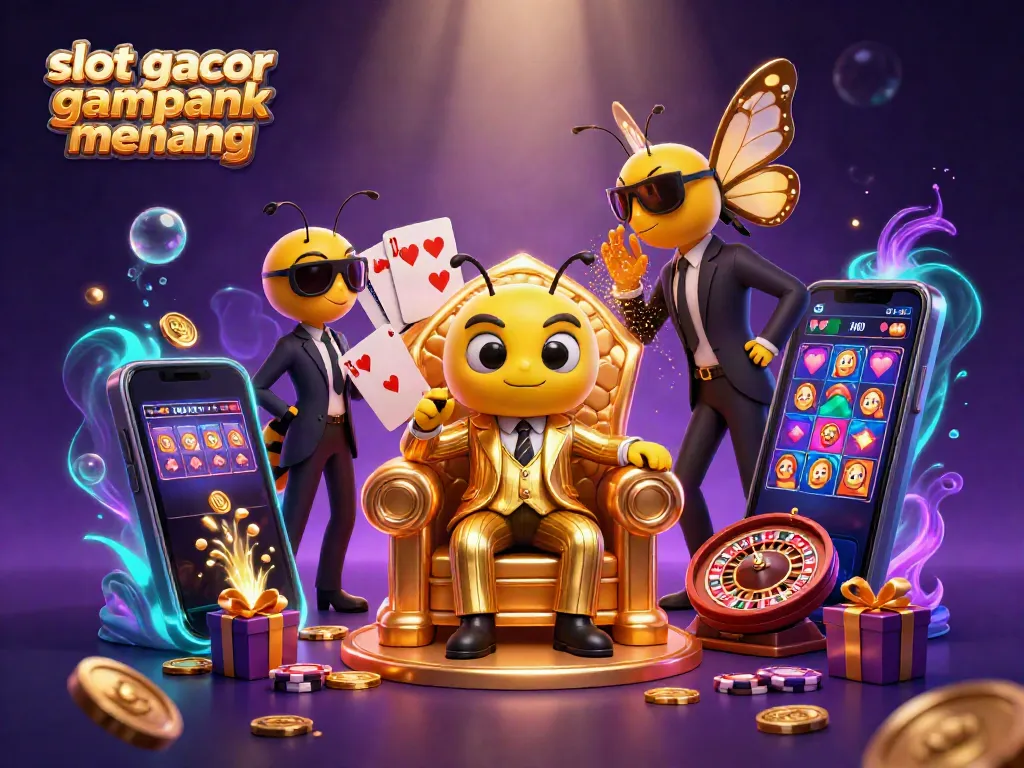 Experience big wins with slot gacor gampang menang, witnessing a vibrant 3D casino scene of characters and slots.