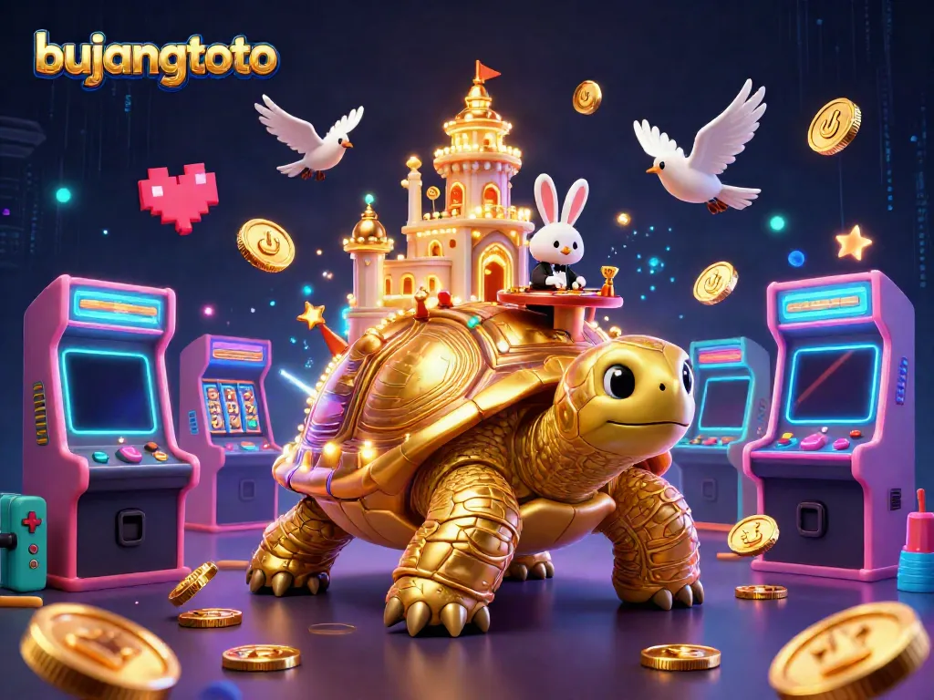 Bujangtoto gaming scene featuring a vibrant cartoon tortoise casino and playful characters